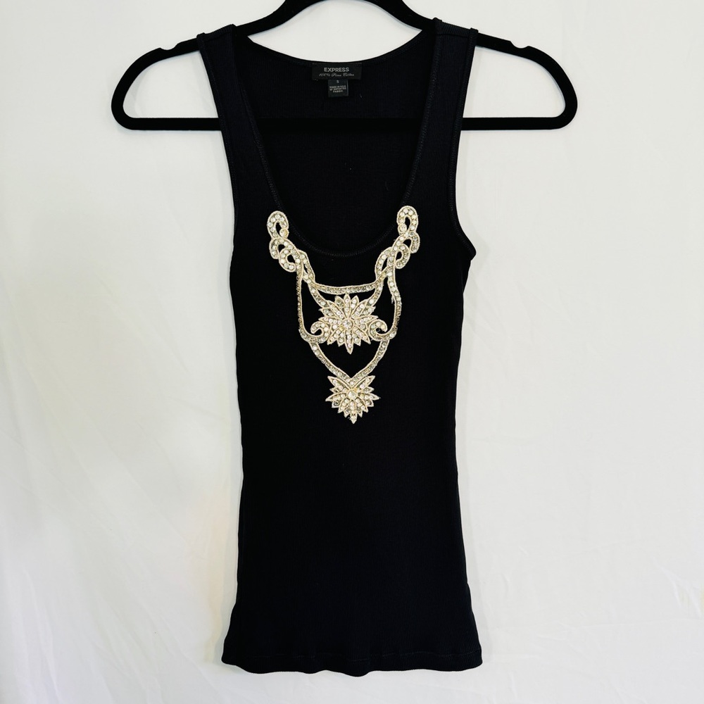 VtG Y2K Express Rhinestone Embellished Black Tank Top Sz S